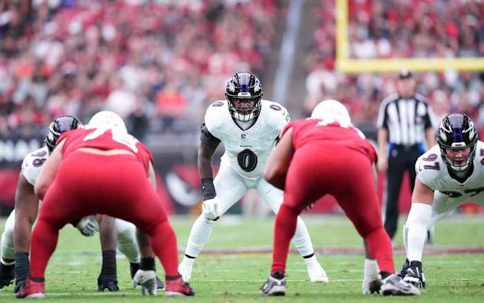 Oct 29, 2023; Glendale, Arizona, USA; Baltimore Ravens linebacker Roquan Smith (0) looks on against the Arizona Cardinals during the second half at State Farm Stadium.